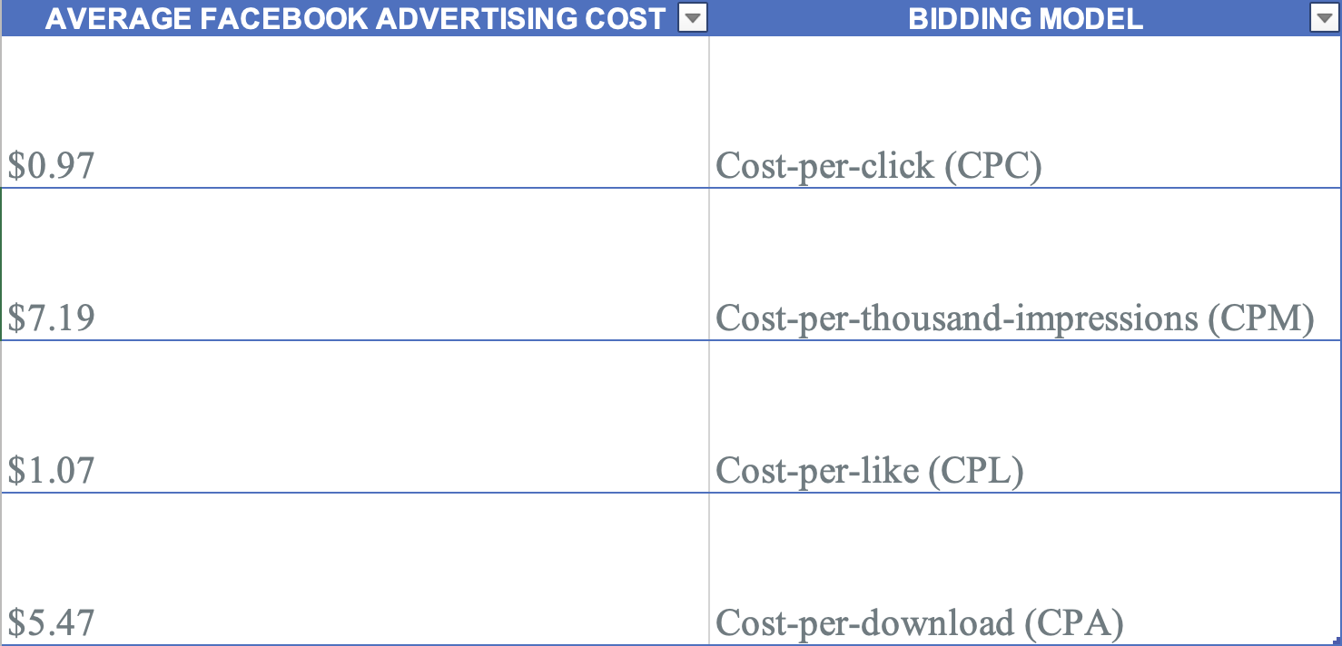 average facebook advertising cost