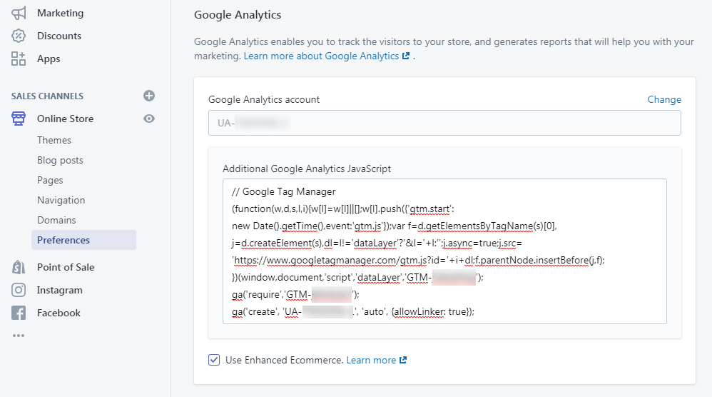 replacing the code in the Shopify for connecting to Google