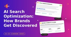 Bold headline about AI search optimization with two tilted mock search result panels on a purple gradient background.