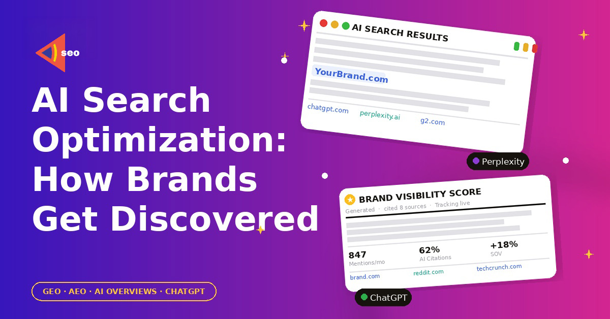 Bold headline about AI search optimization with two tilted mock search result panels on a purple gradient background.