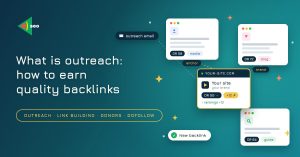 Hero showing title: 'What is outreach: how to earn quality backlinks' with teal gradient background and floating cards depicting outreach concepts.
