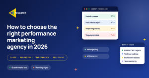 Blue gradient hero with the headline “How to choose the right performance marketing agency in 2026” and two right-side data cards (scorecard and checks). While left shows the logo and a yellow rounded tag.