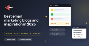 Hero banner with a dark gradient background, a bold headline about email marketing blogs in 2026, and a floating inbox UI illustration.