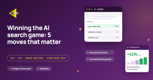 Hero illustration with bold white title on a purple gradient: 'Winning the AI search game: 5 moves that matter,' plus floating panels showing sources and visibility metrics on the right.